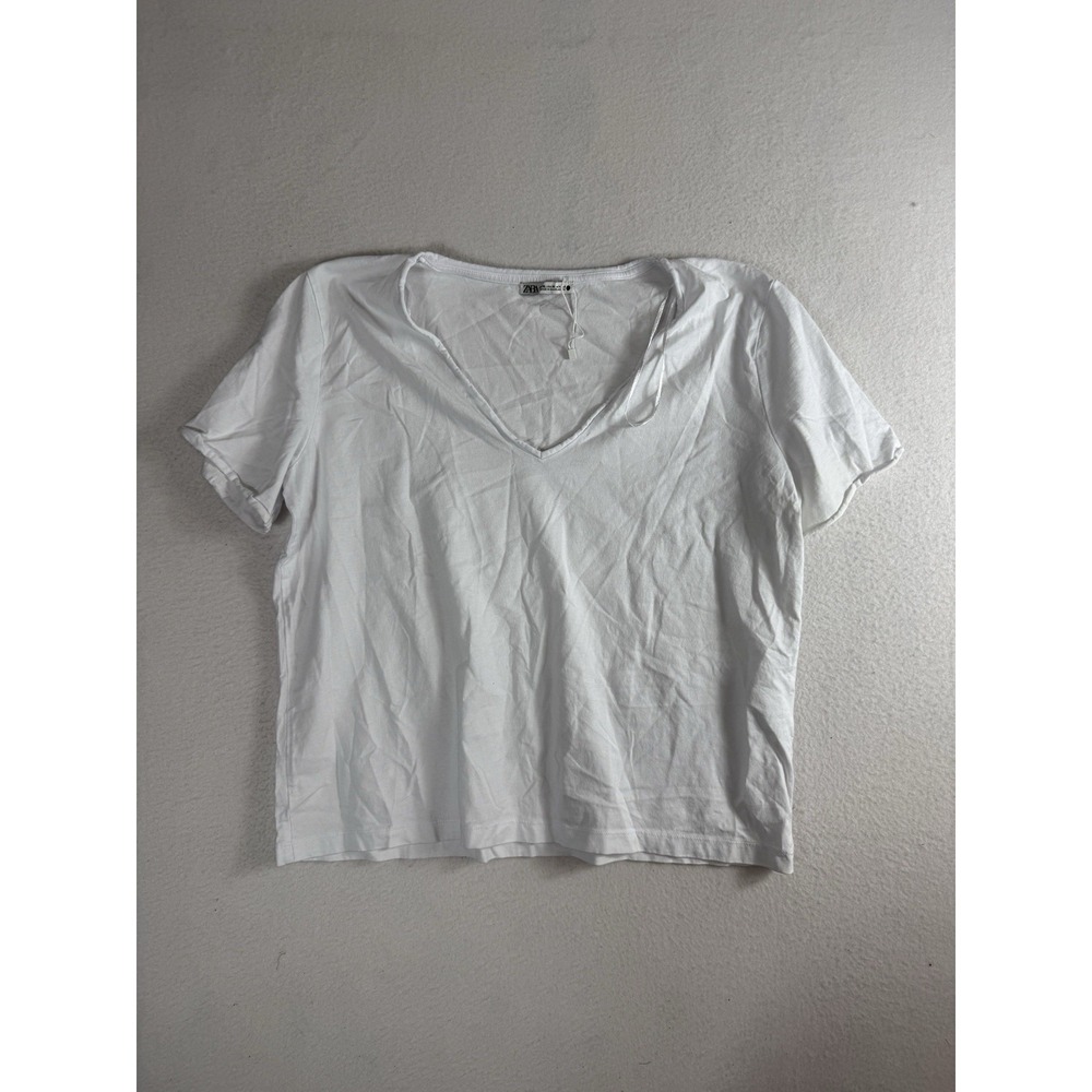 ZARA Womens XL White V-Neck Short Sleeve T-Shirt Basic Stretch Casual Tee Top